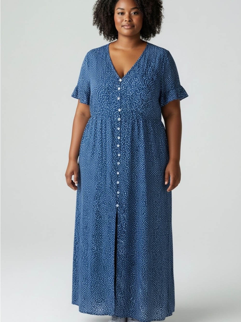 Source Unknown Blue Dot-Print V-Neck Button-Front Maxi Dress